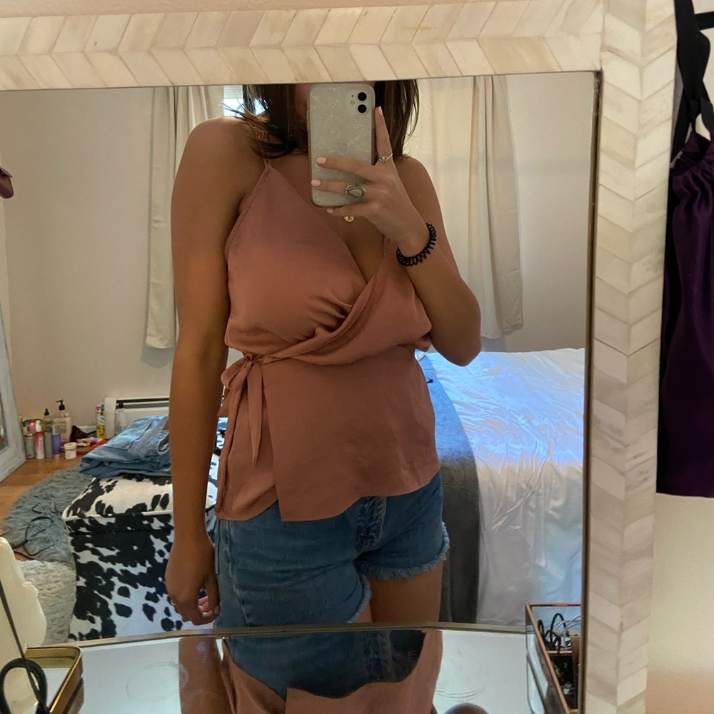 Silky pink strappy wrap tank top